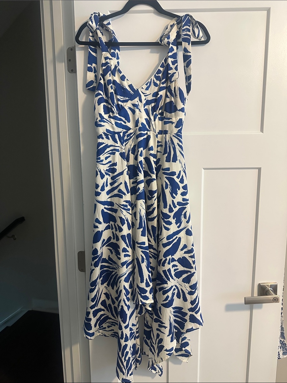Alexis Blue and White High-Low Tie-Shoulder Dress